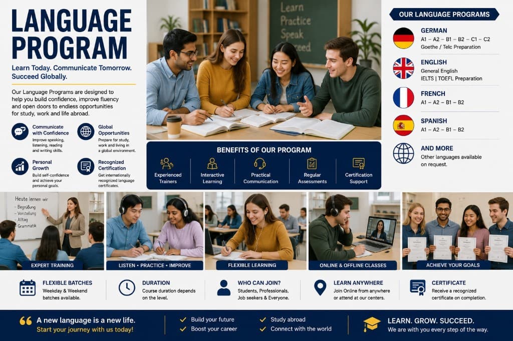 Language Program overview: German, English, French, and Spanish courses, benefits, and how to join